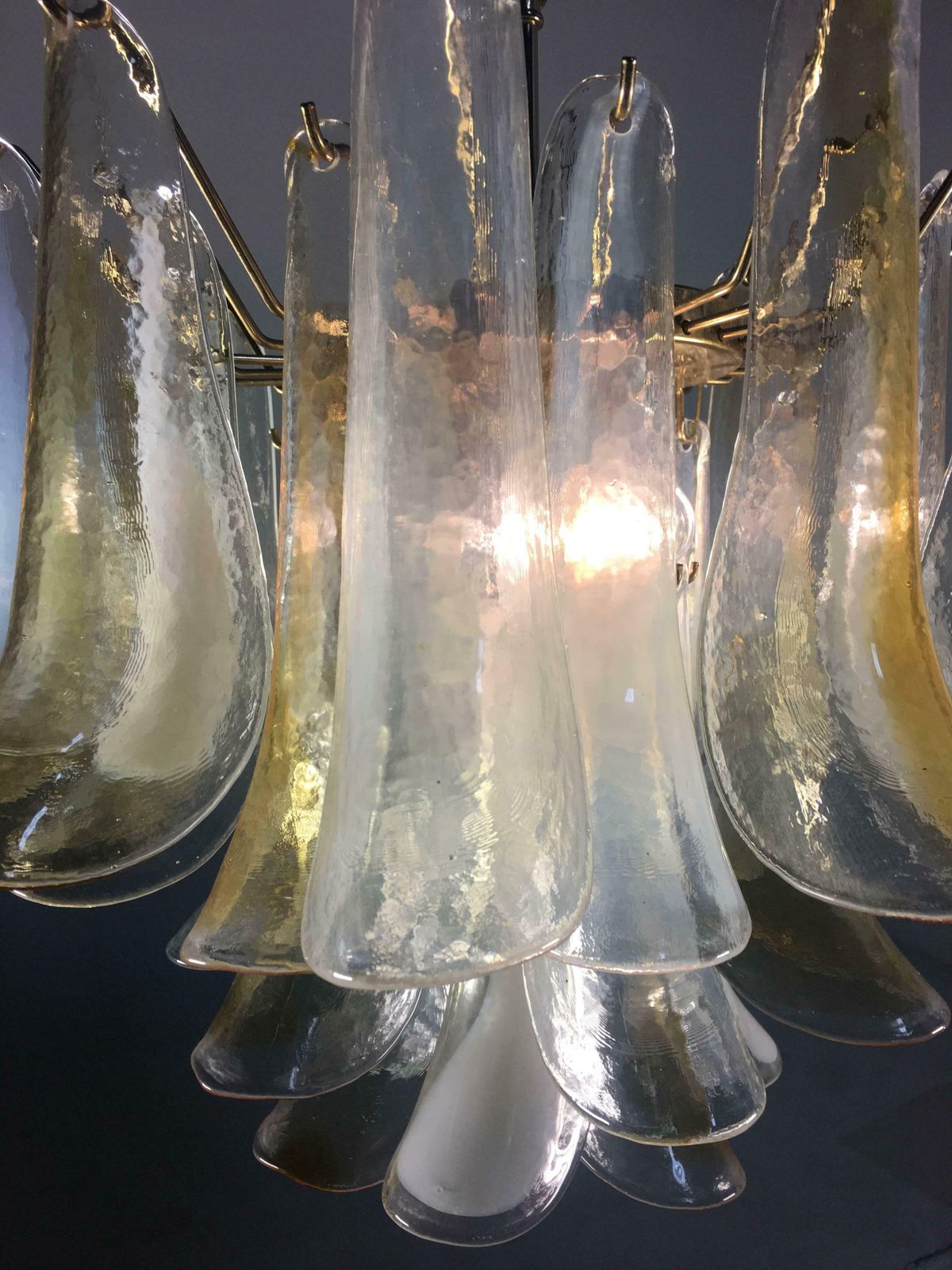 Elegant Pair Of Chandeliers 36 White And Amber Petals, Murano, 1990s photo vinterior