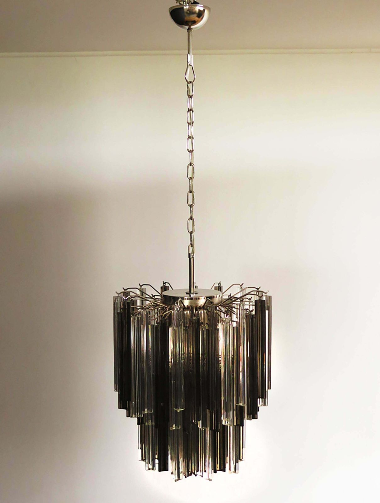 photo furniture Pair Of Italian Chandeliers Transparent And Smoked Triedri, Murano
