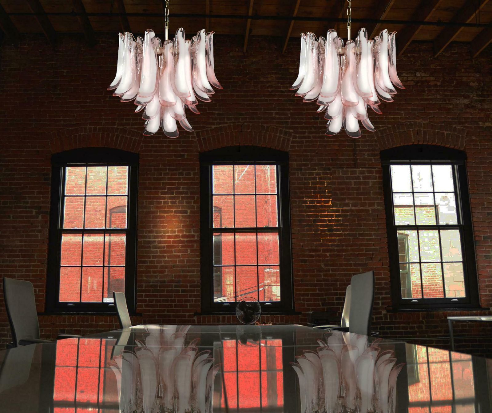 Pair Of Italian 36 Pink And White Petals Chandeliers Ceiling Light, Murano photo furniture