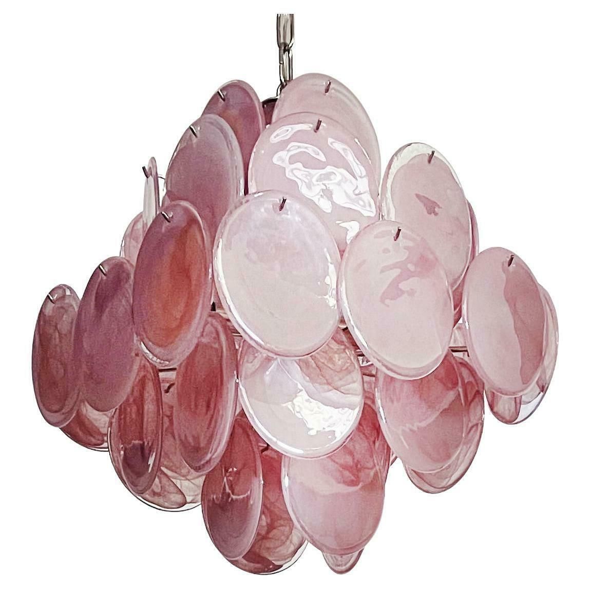 Disc Pink Glass Chandelier By Vistosi Style. Murano