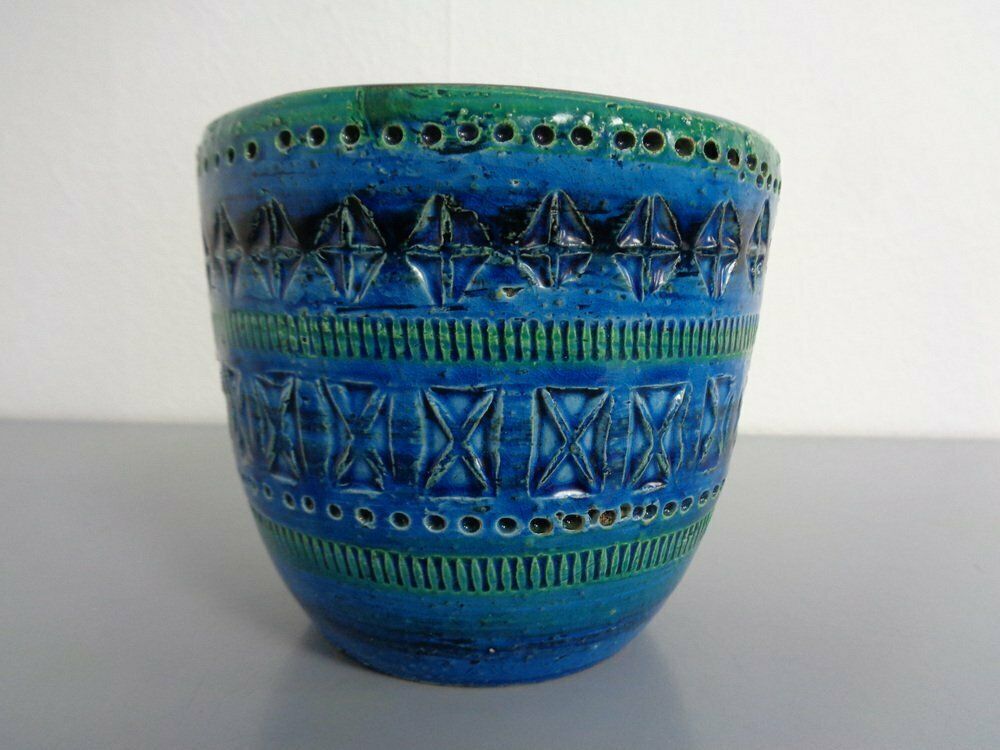 Italian Rimini Blue Ceramic Cachepot By Aldo Londi For Bitossi, 1960s photo furniture