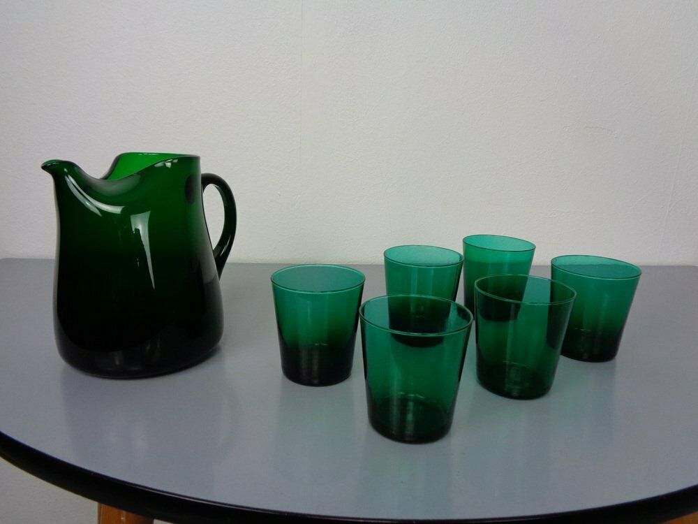 Italian Green Glass Decanter & Tumbler, 1960s, Set Of 7 photo for sale