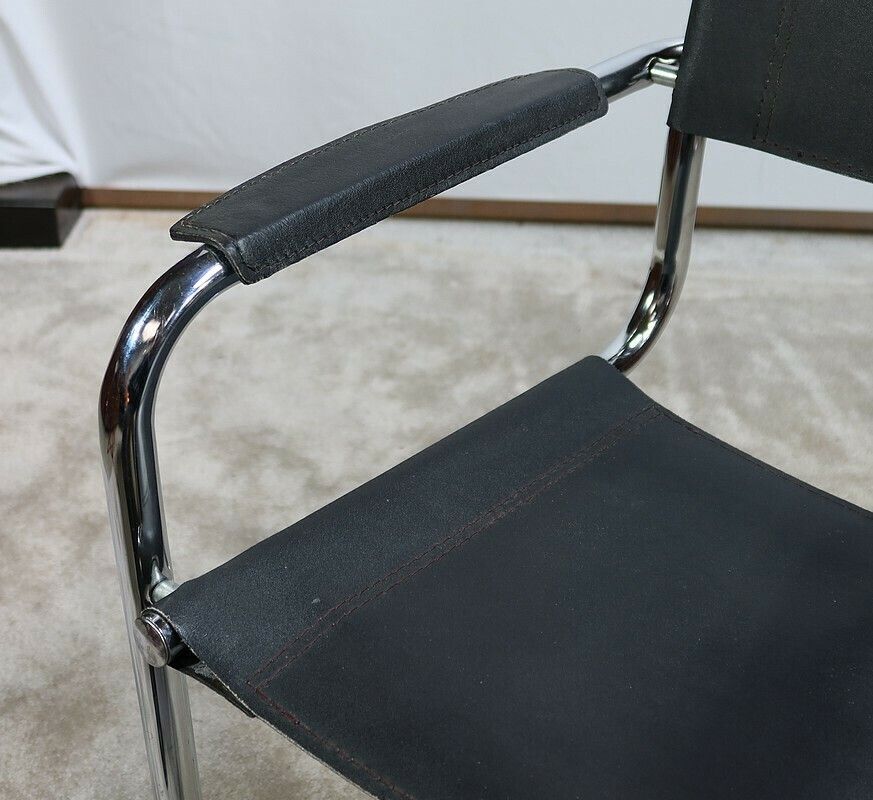 Armchair In Chromed Metal And Black Leather, After M. Breuer – 1970s photo buy