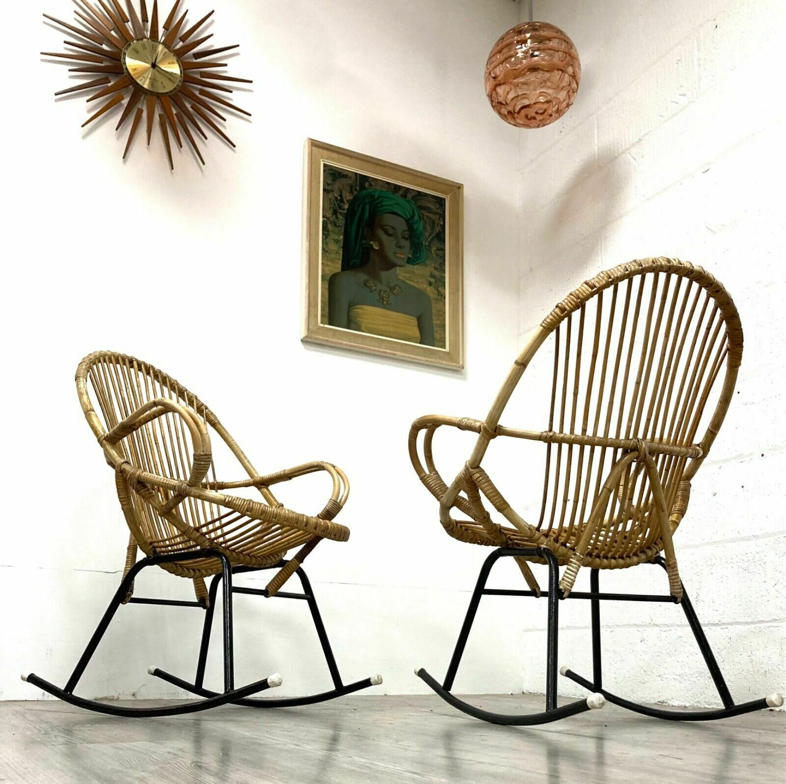 2 X Bamboo Wicker Rocking Chairs By Dirk Van Sliedregt For Rohe Noordwolde, 70s photo furniture