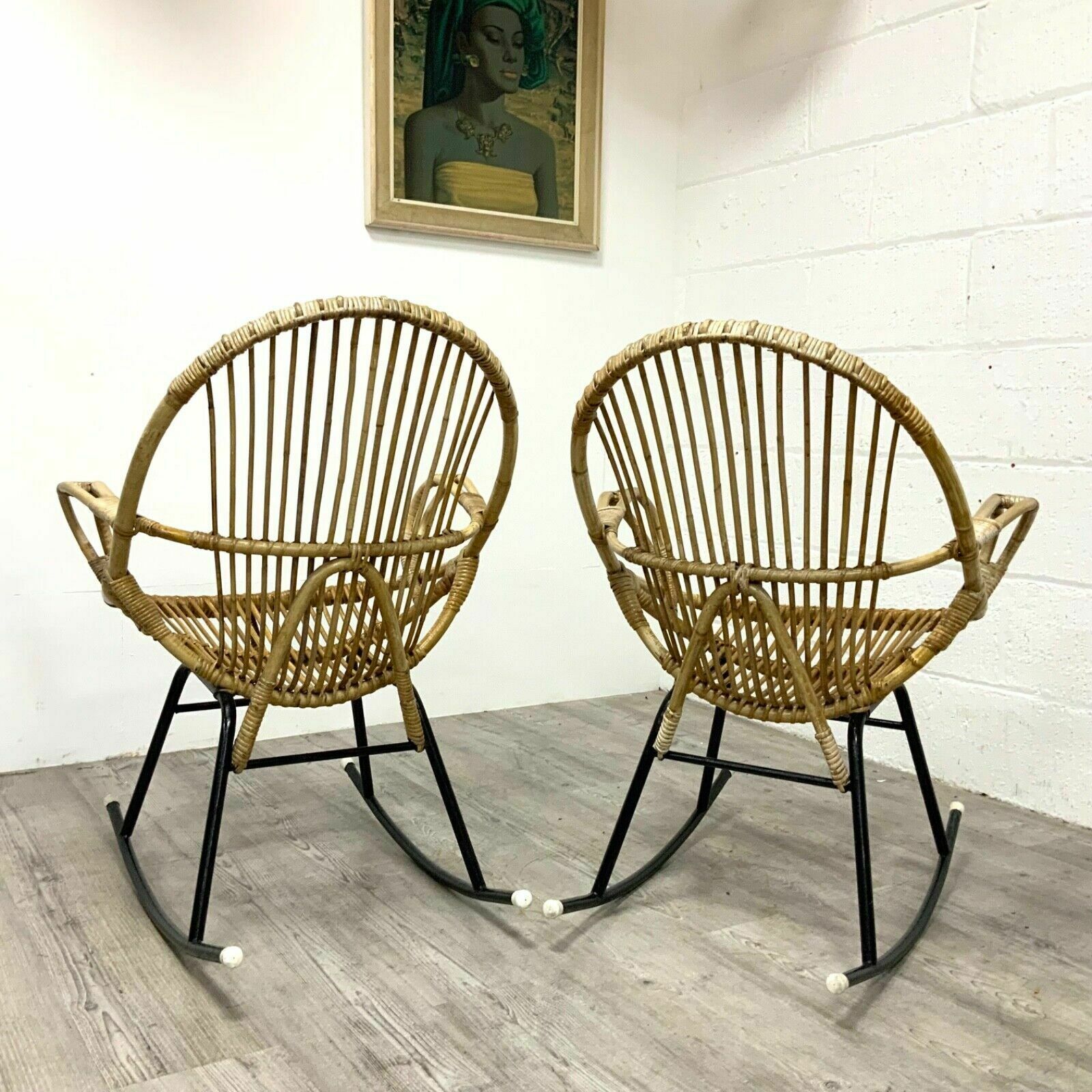 2 X Bamboo Wicker Rocking Chairs By Dirk Van Sliedregt For Rohe Noordwolde, 70s photo 595.0