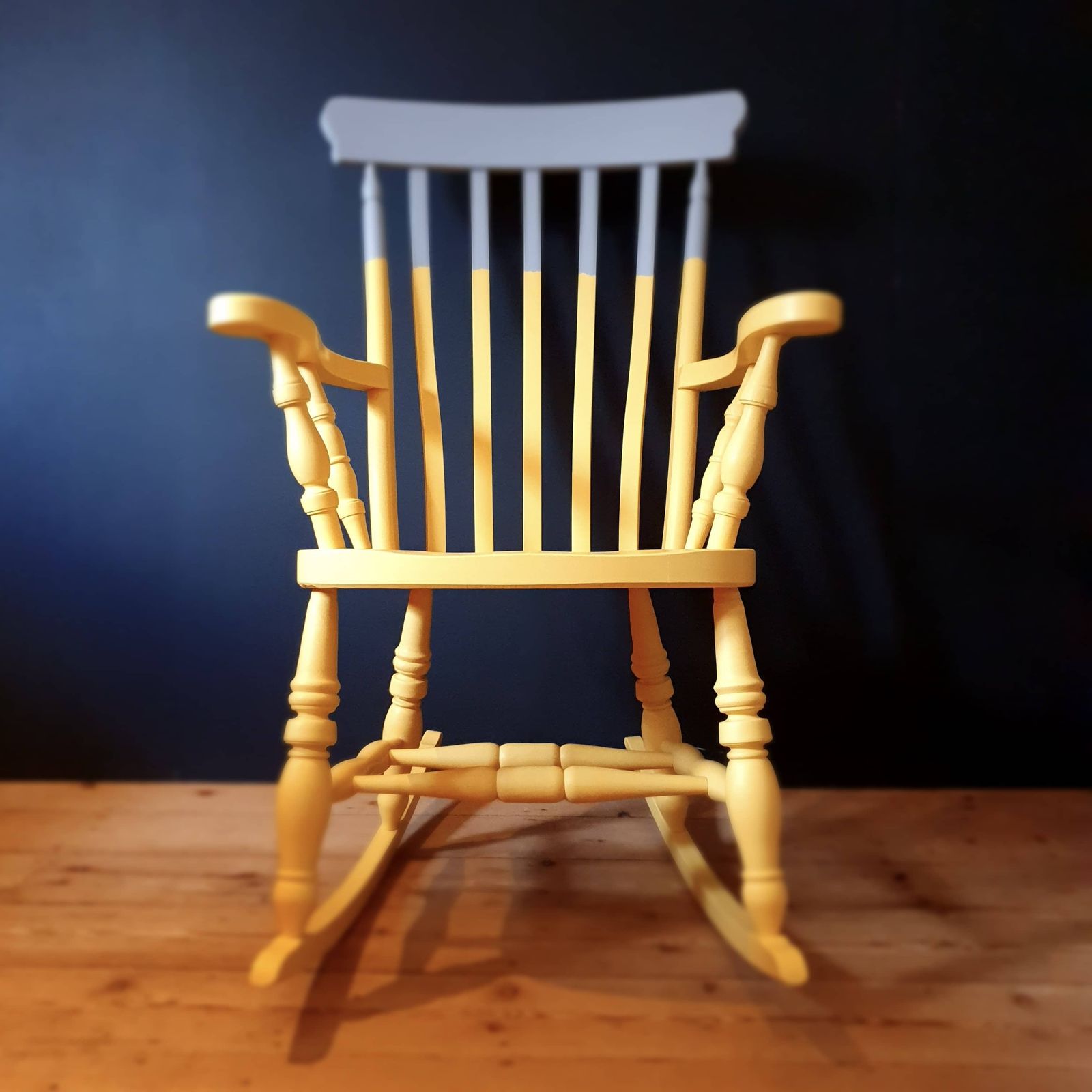 Two Tone Yellow And Grey Painted Wooden Rocking Chair photo furniture