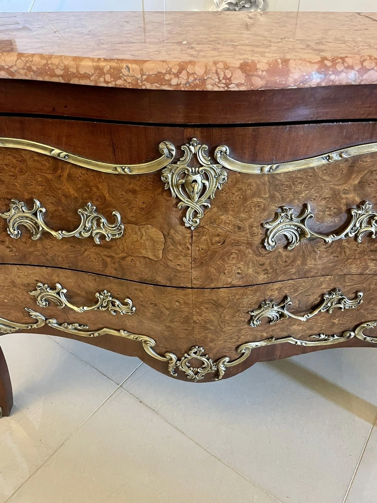 Antique French Quality Burr Walnut Marble Top Ormolu Mounted Commode photo vintage