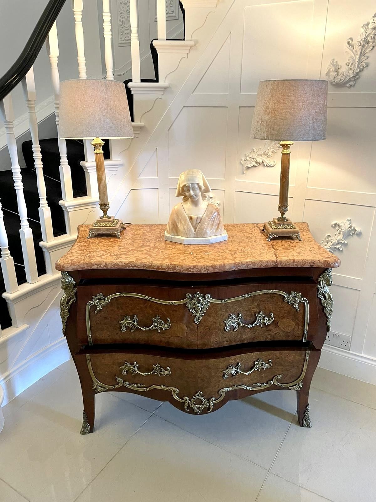Furniture Antique French Quality Burr Walnut Marble Top Ormolu Mounted Commode photo