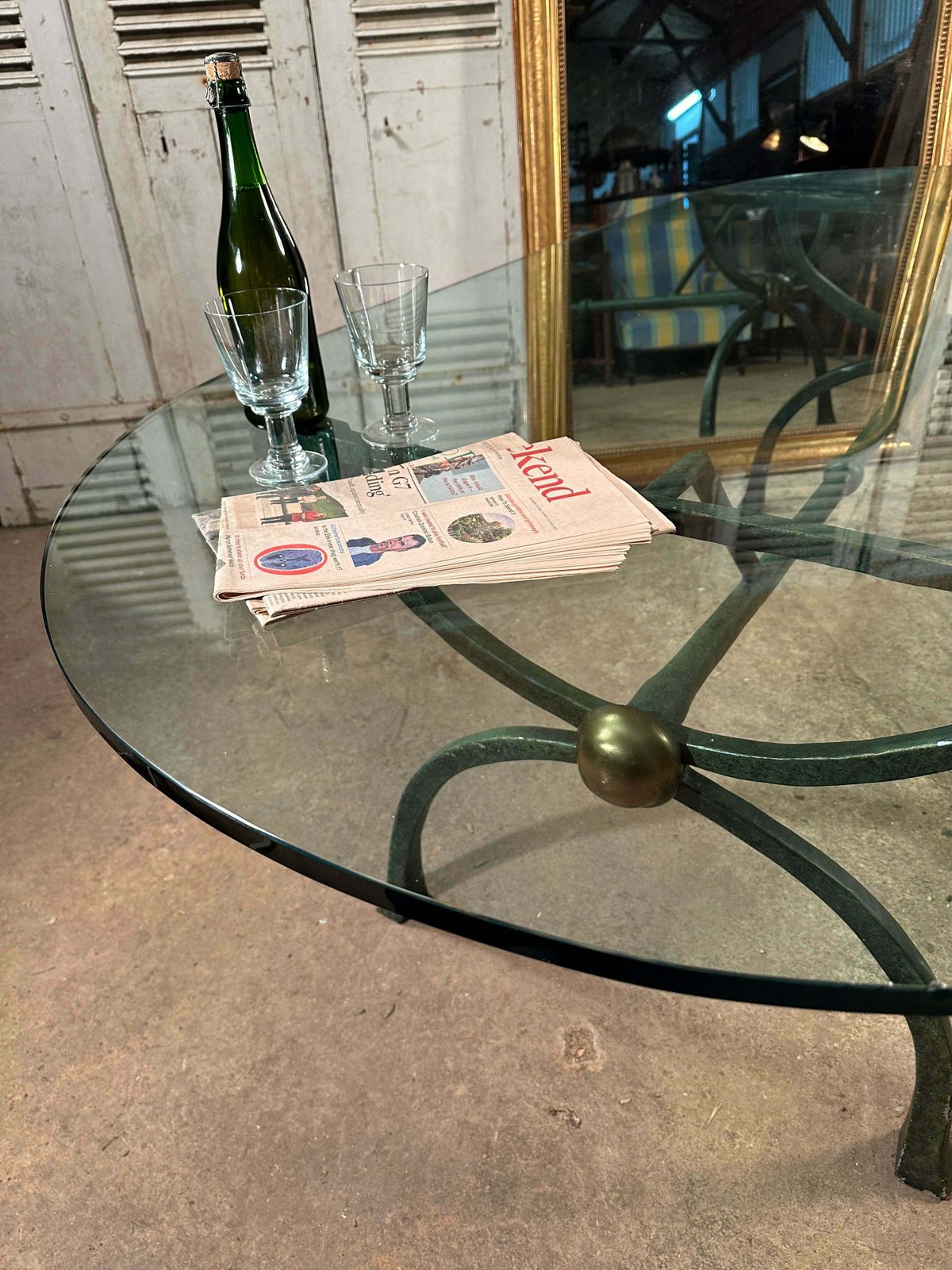 Exceptional Midcentury Hand Forged Spanish Dining/Centre Table With Verdigris Brass Base & Inch Thick Rounded Glass Top photo for sale