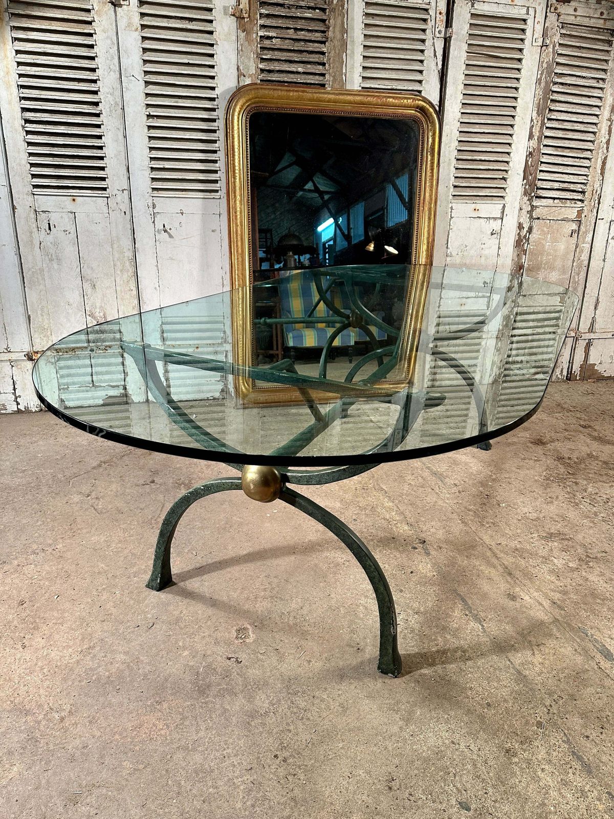Exceptional Midcentury Hand Forged Spanish Dining/Centre Table With Verdigris Brass Base & Inch Thick Rounded Glass Top photo vintage