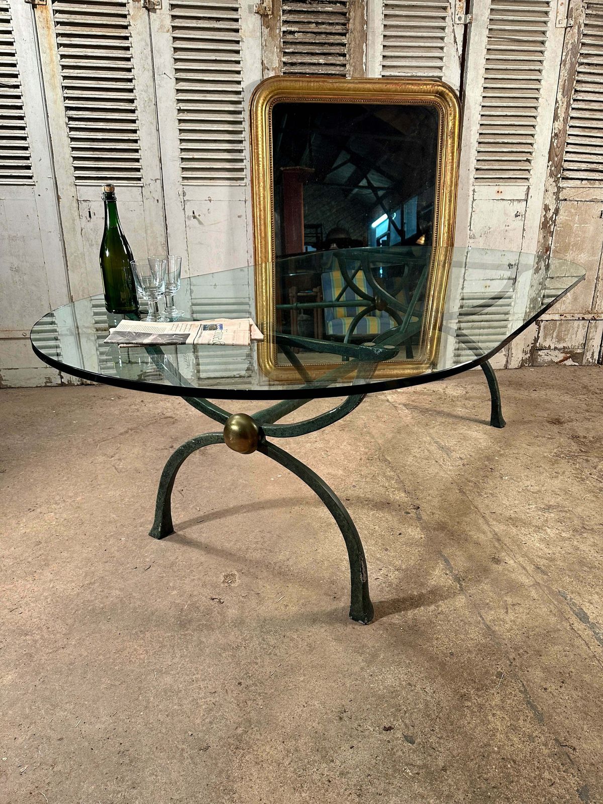 photo furniture Exceptional Midcentury Hand Forged Spanish Dining/Centre Table With Verdigris Brass Base & Inch Thick Rounded Glass Top