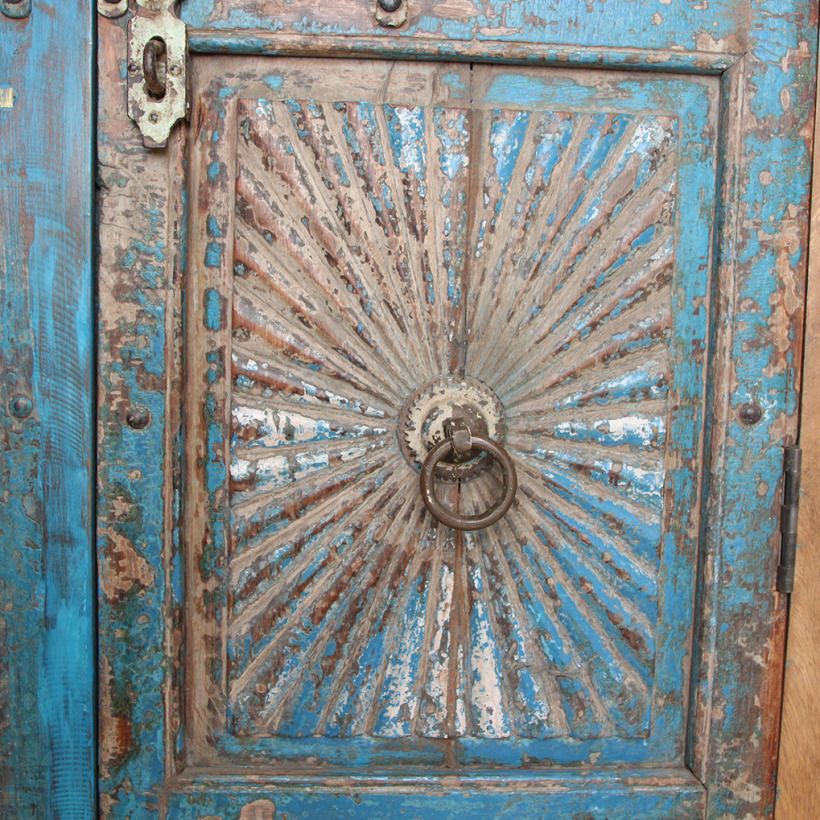 Blue Antique Sunflower 2 Door 6 Panel Hand Carved Cabinet photo Furniture