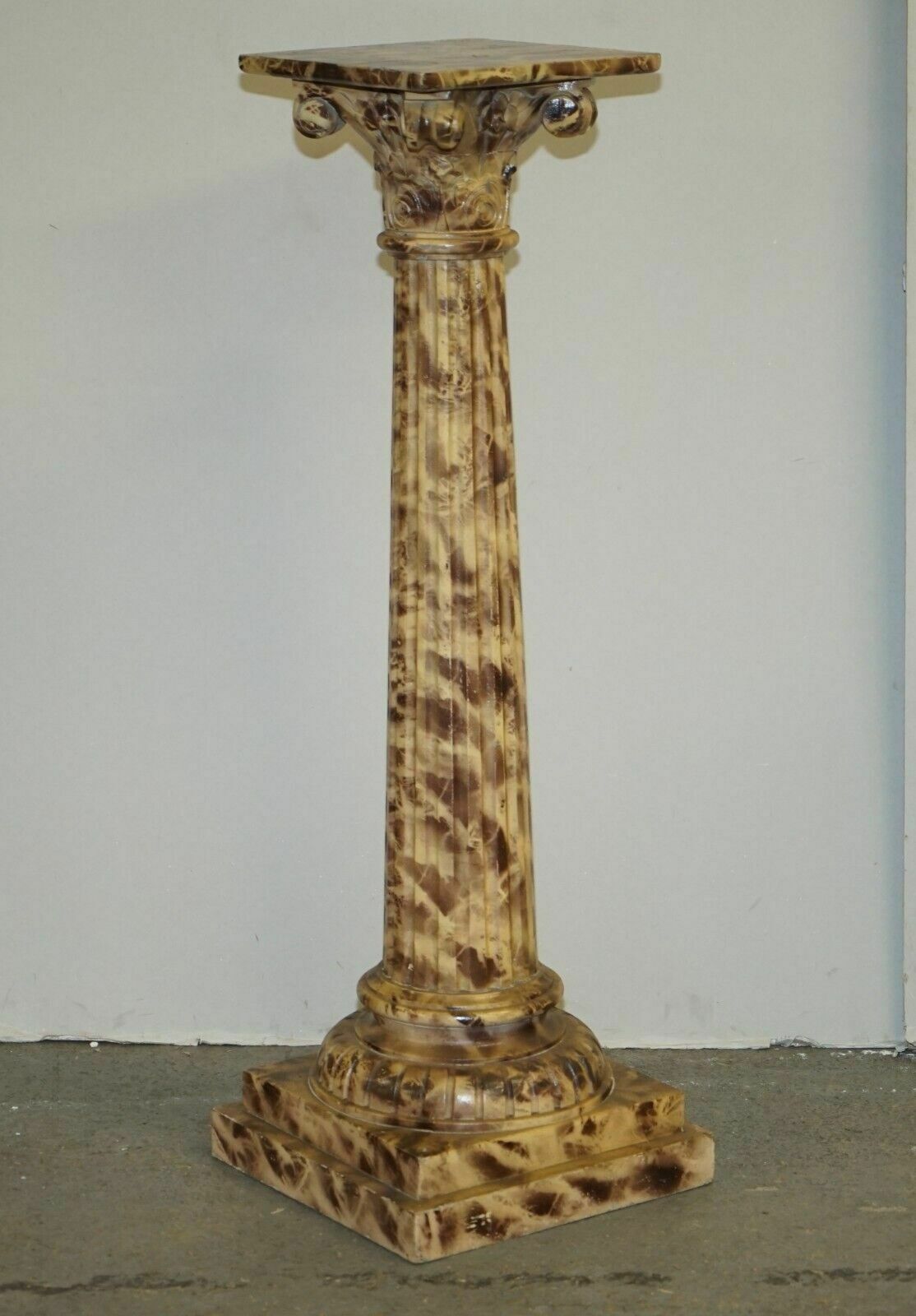 Pair Of Antique Hand Carved Corinthian Pillar Pedestal Stands Faux Marble Paint photo furniture