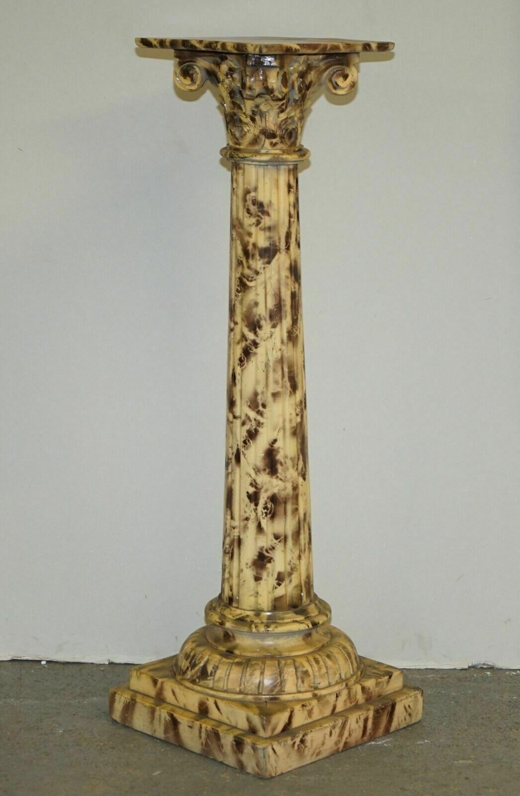 1350.0 Pair Of Antique Hand Carved Corinthian Pillar Pedestal Stands Faux Marble Paint photo