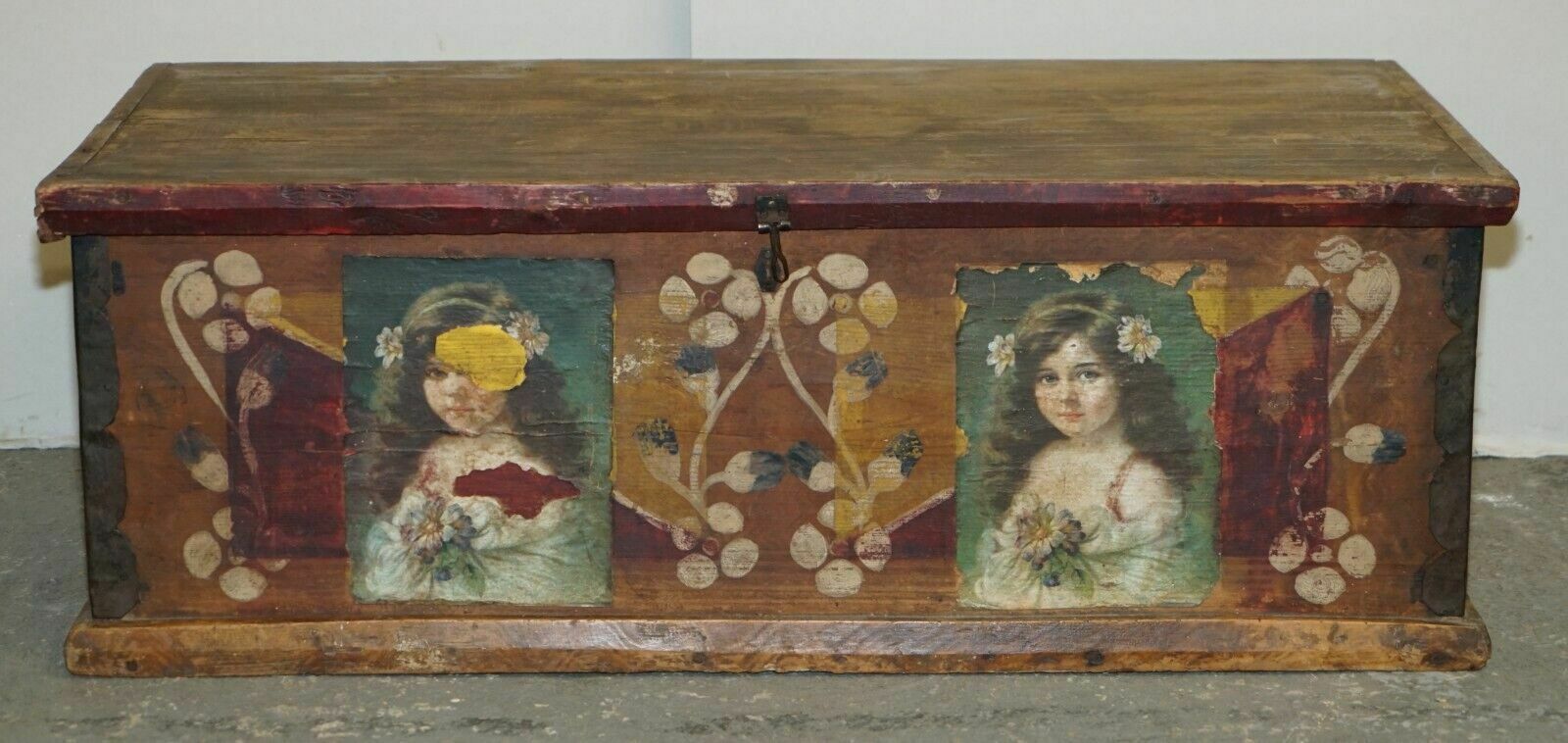 Circa 1900 Original Paint Romanian Blanket Chest Coffer Trunk Children Pictures photo furniture