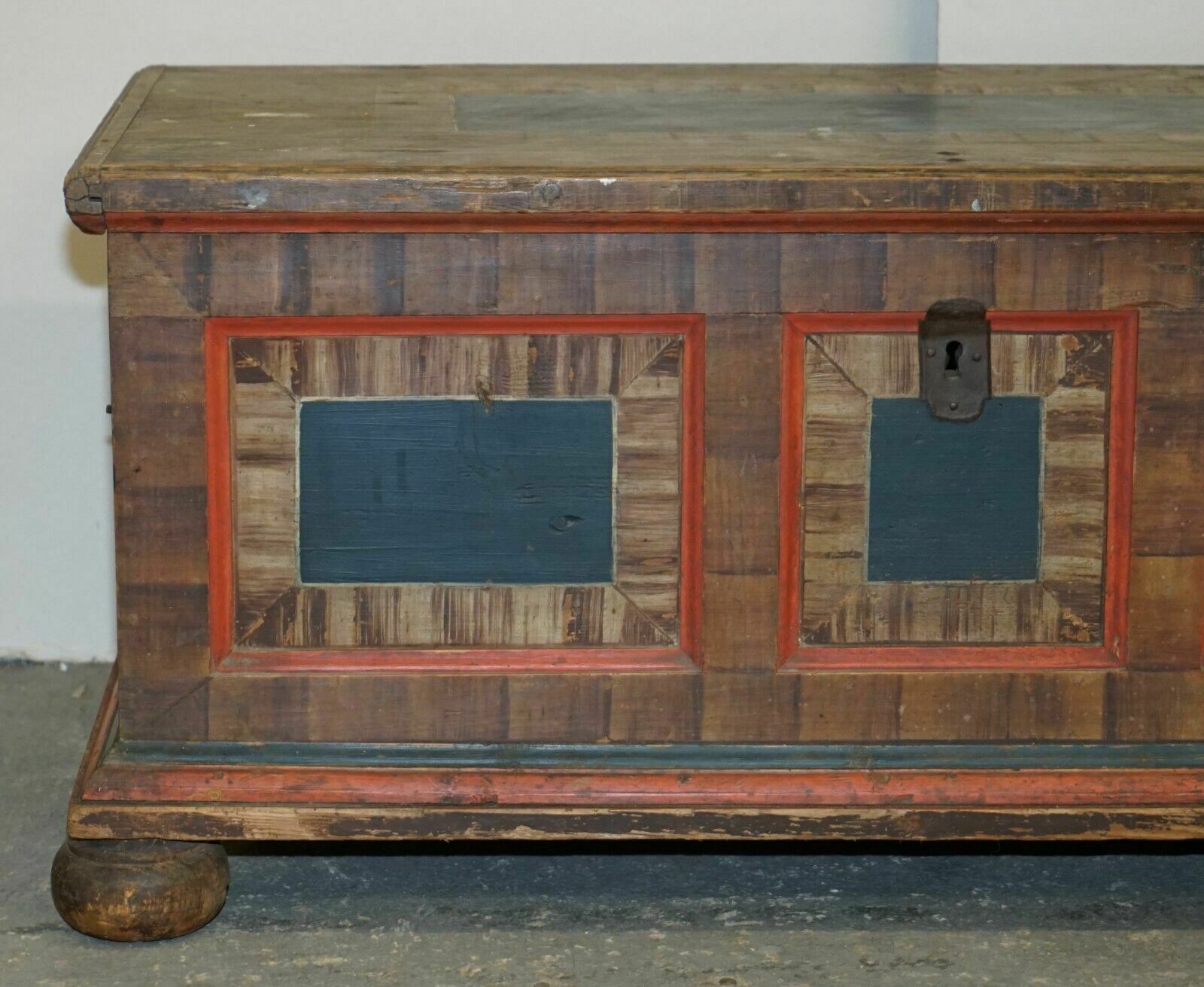 Cir 1800 Extra Large Antique Original Paint European Blanket Chest Coffer Trunk photo for sale