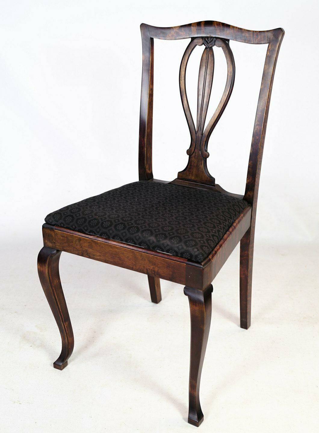 Dining Room Chairs In Mahogany With Black Patterned Fabric From 1920s. photo for sale