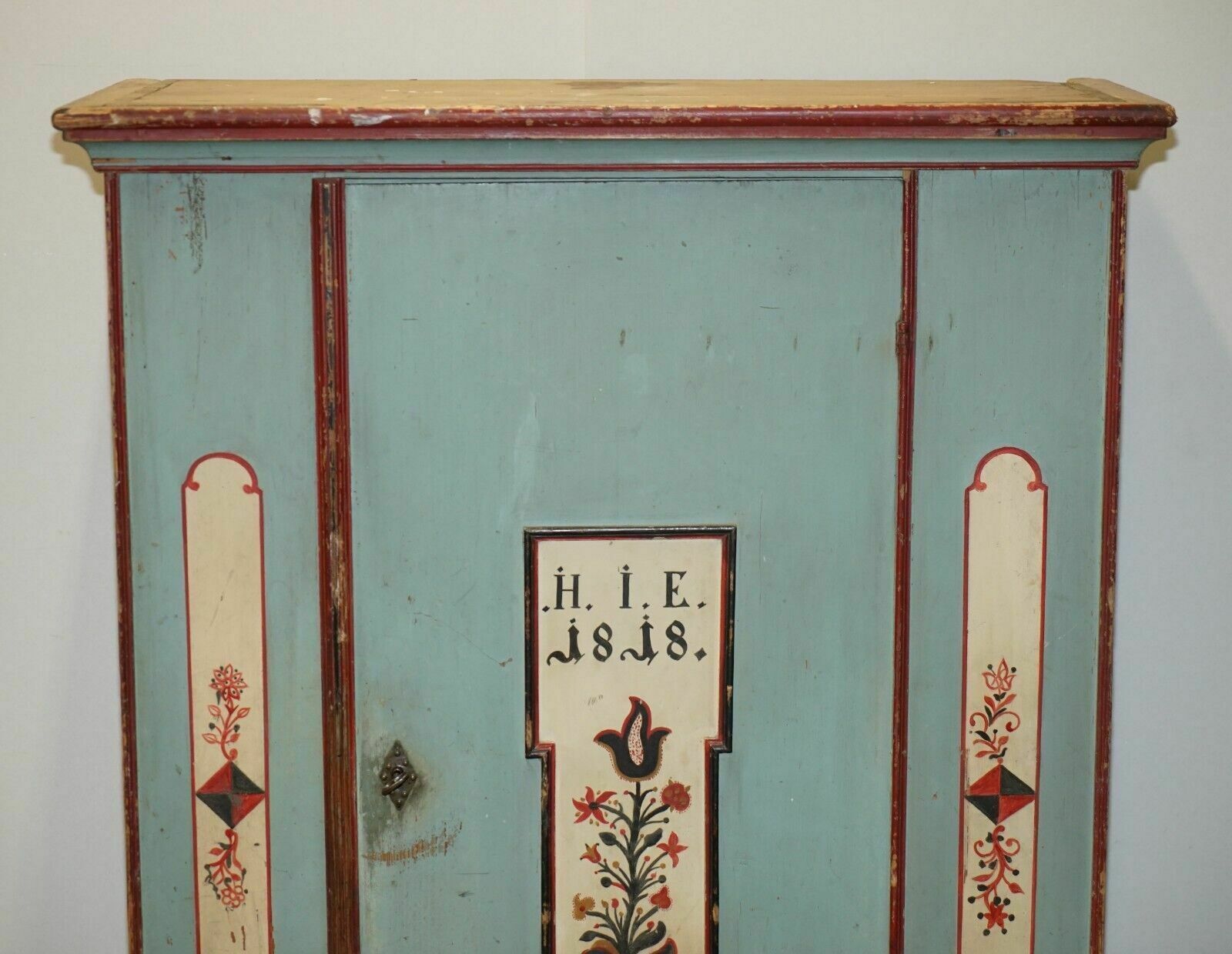 Antique 1818 Dated Aqua Blue Hand Painted German Marriage Wardrobe Rare Colour photo for sale