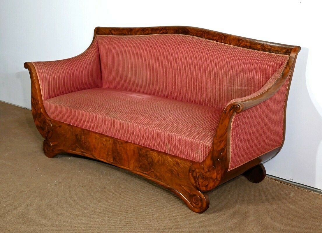 3 Seater Sofa In Burl Walnut, Restoration Style   1st Part Of The 19th Century photo for sale