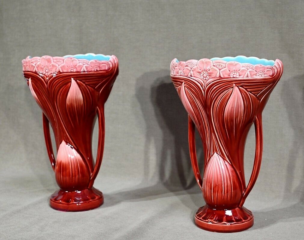 Pair Of Earthenware Vases, Stamped Digoin Sarreguemines   Late 19th Century photo for sale