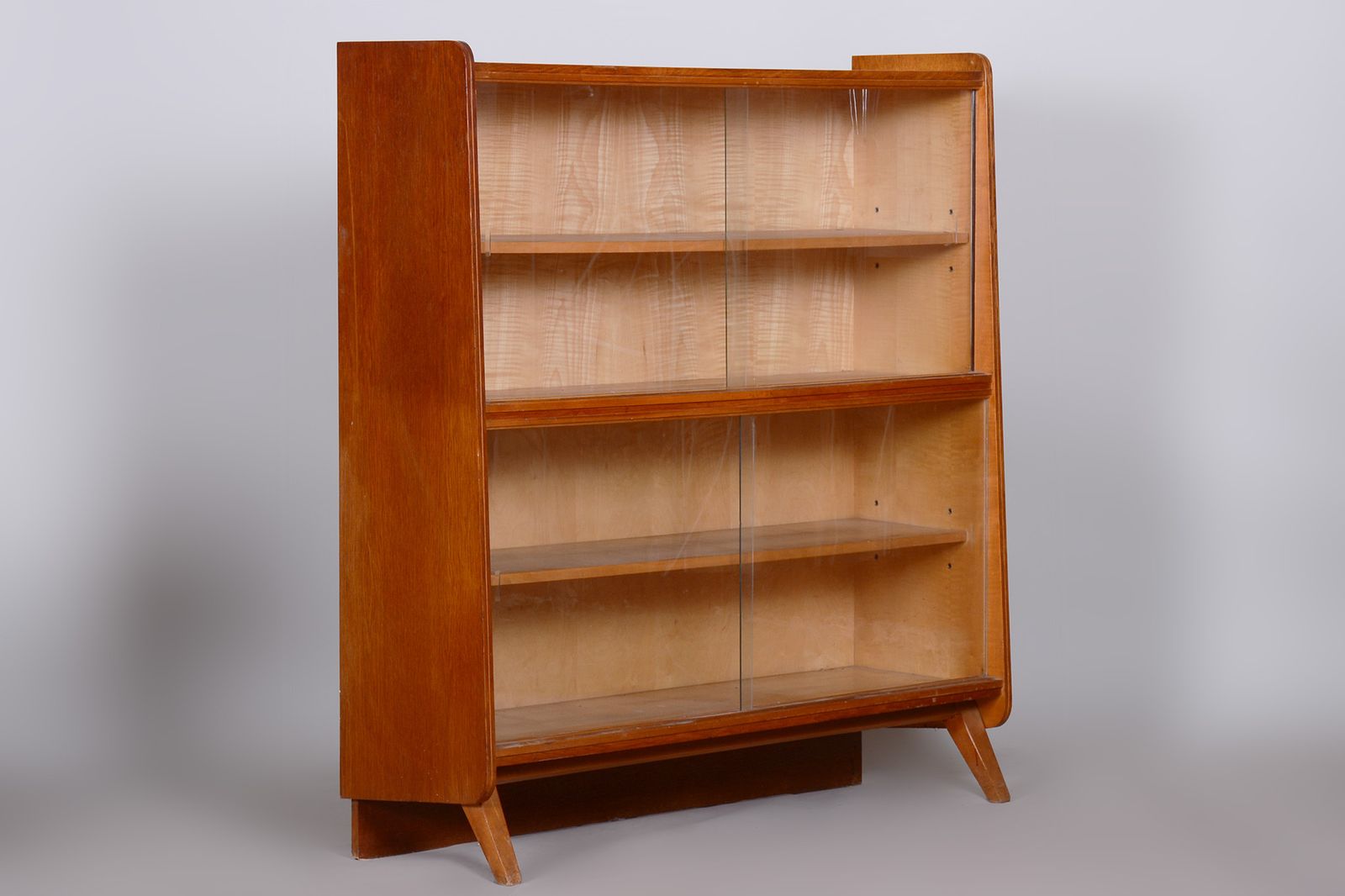 Restored Midcentury Oak Bookcase, Glass Doors, Revived Polish, Czechia, 1950s