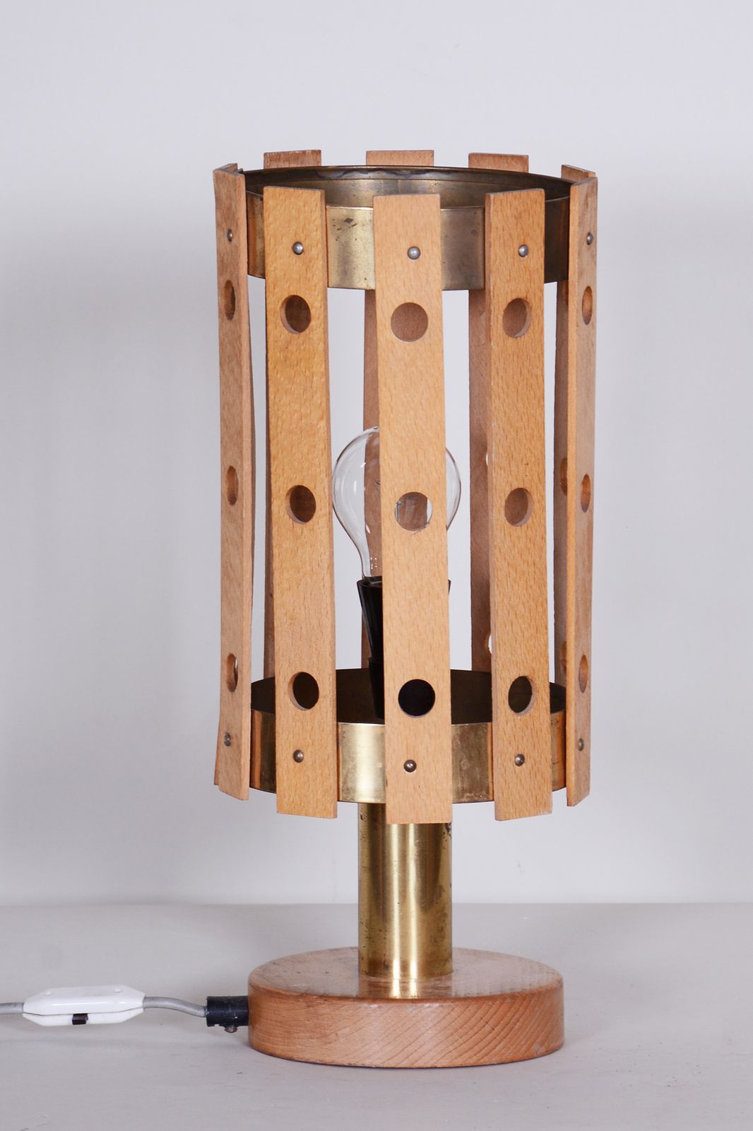 Fully Functional Midcentury Table Lamp, Made By Pokrok Zilina, Beech, Brass, Slovakia, 1960s