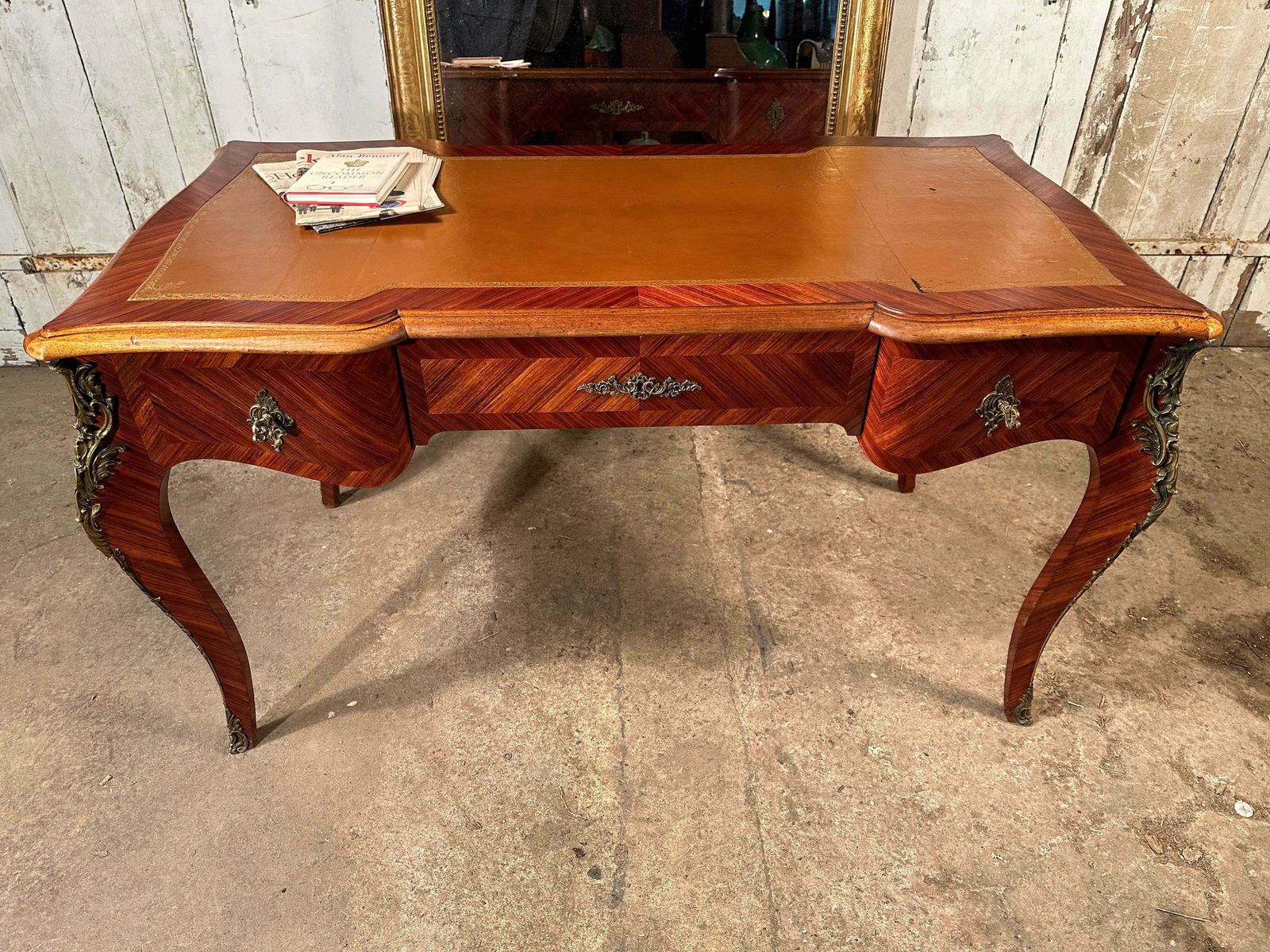 A Beautiful Antique Rosewood Louis Philippe XV French Writing Desk With Tooled Leather Insert Ormolu Mounts On Swept Legs photo Furniture