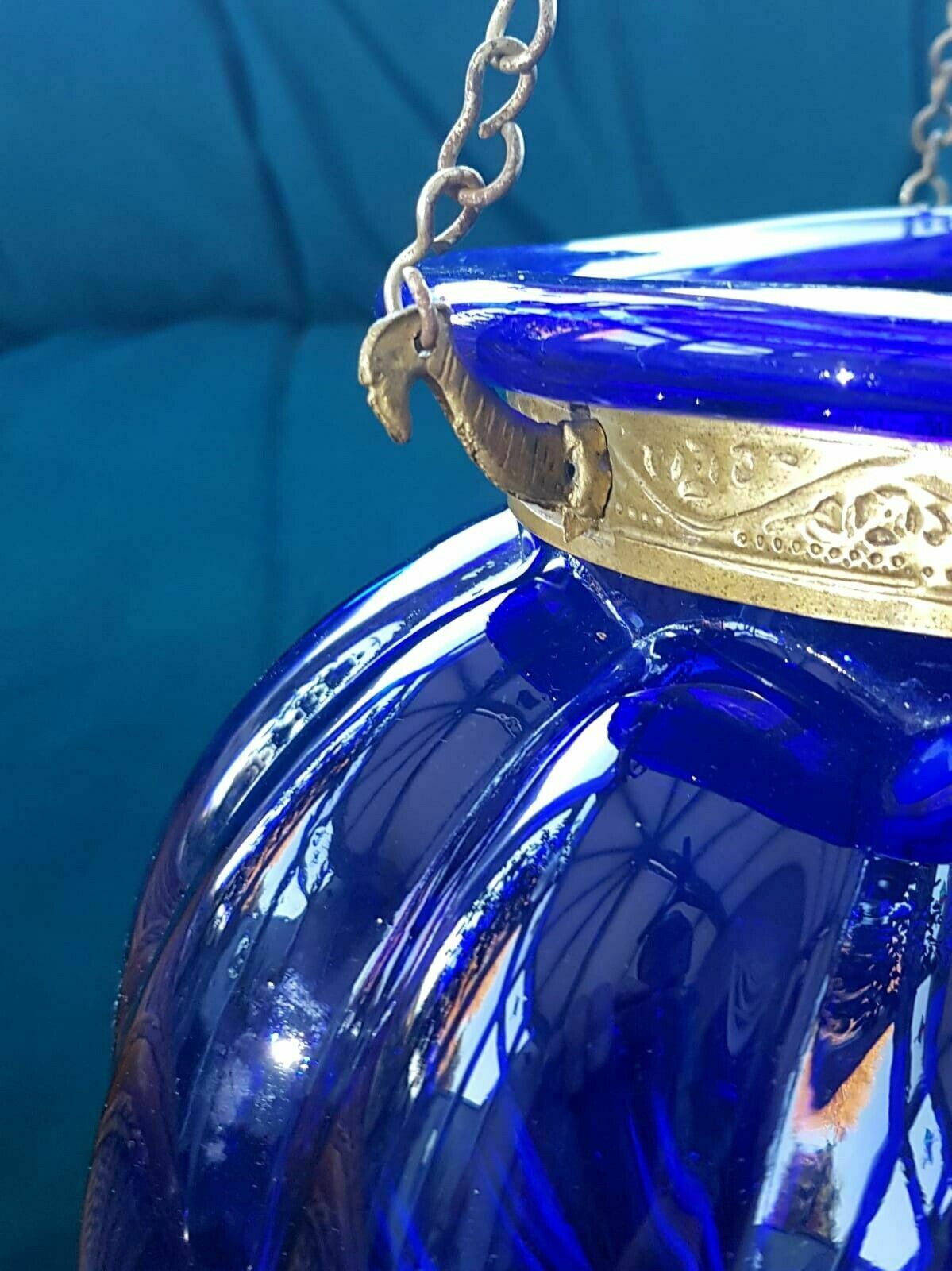 Colonial Antique Hanging Blue Hundi Glass Pumpkin Bell Jar Hanging Lantern Light photo Lighting