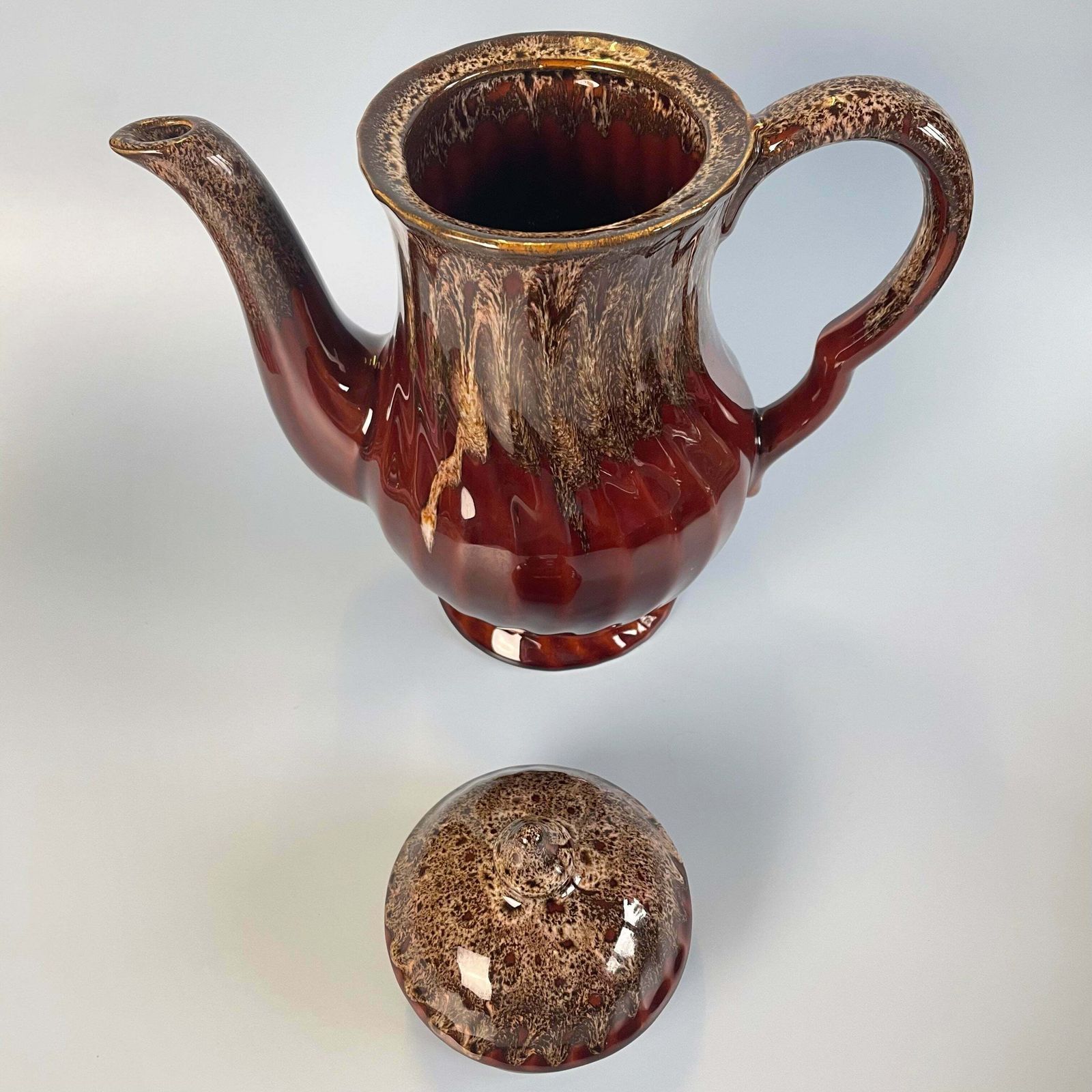 Brown Glazed Ceramic Swirl Coffee Pot Set With 6 Cups, Milk Jug & Sugar Bowl photo 60.0