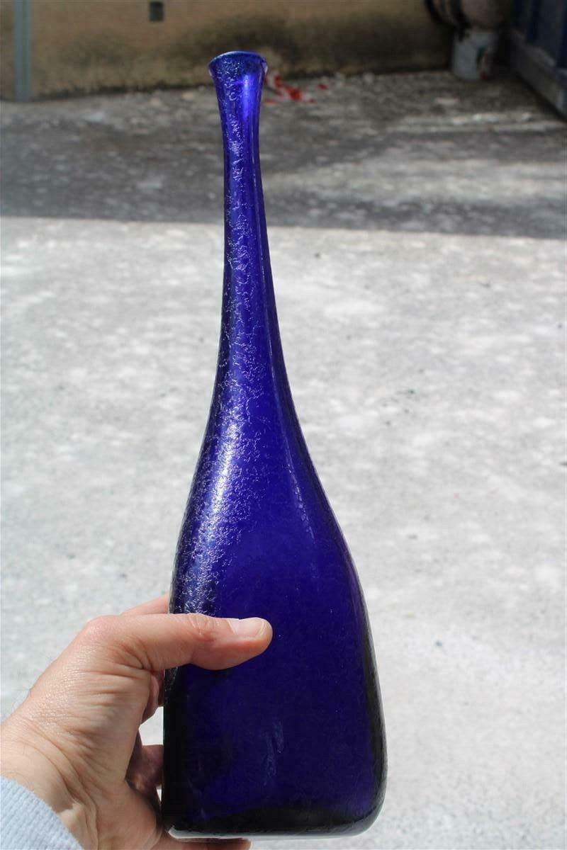 Murano Corroded Glass Bottle Cobalt Blue Mid Century Italian Design Seguso photo Home Decor