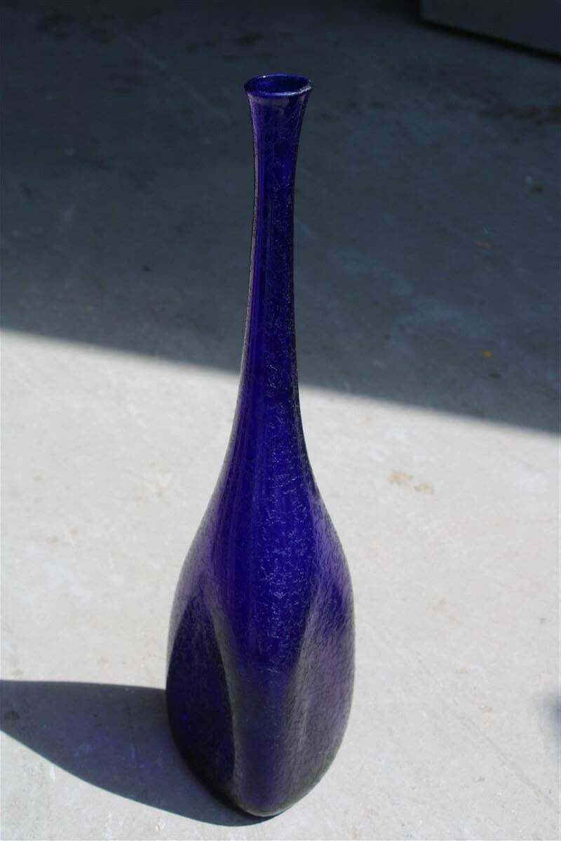 Murano Corroded Glass Bottle Cobalt Blue Mid Century Italian Design Seguso photo 1289.0