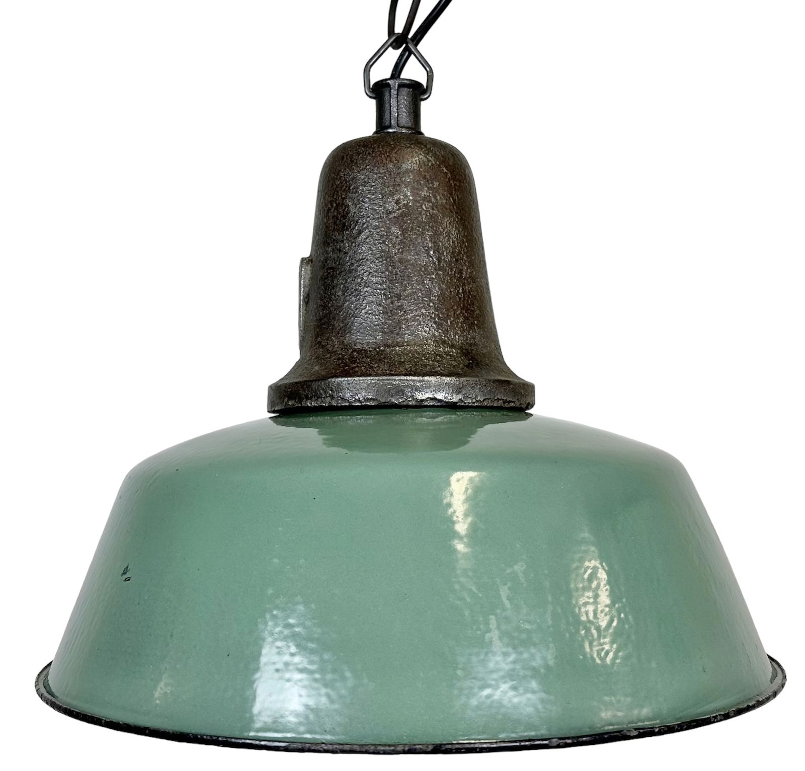 Industrial Green Enamel Factory Lamp With Cast Iron Top, 1960s