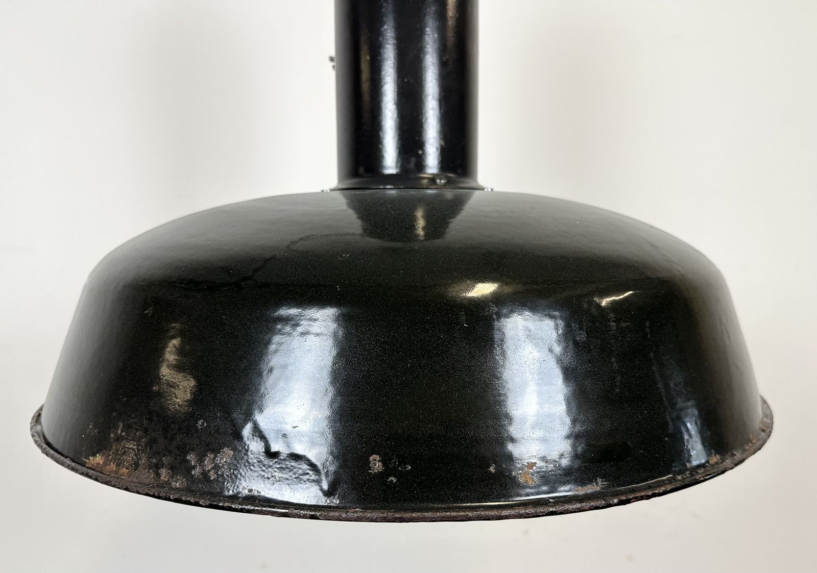 Industrial Black Enamel Factory Pendant Lamp With Iron Top, 1950s photo for sale