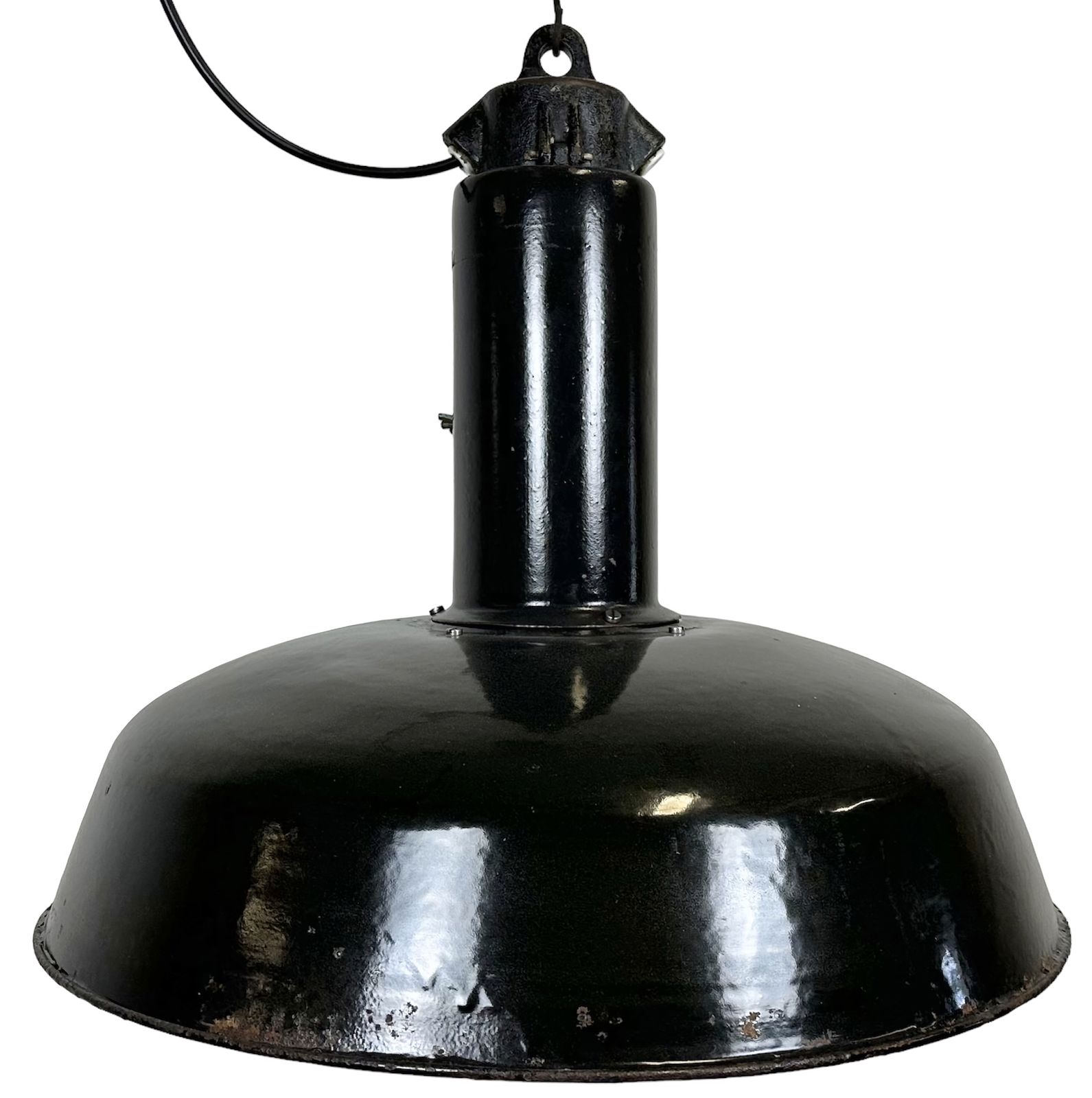 Industrial Black Enamel Factory Pendant Lamp With Iron Top, 1950s