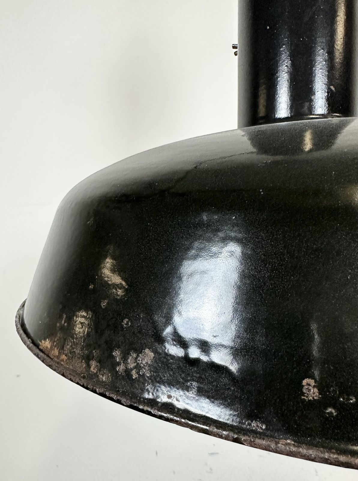 Industrial Black Enamel Factory Pendant Lamp With Iron Top, 1950s photo vintage