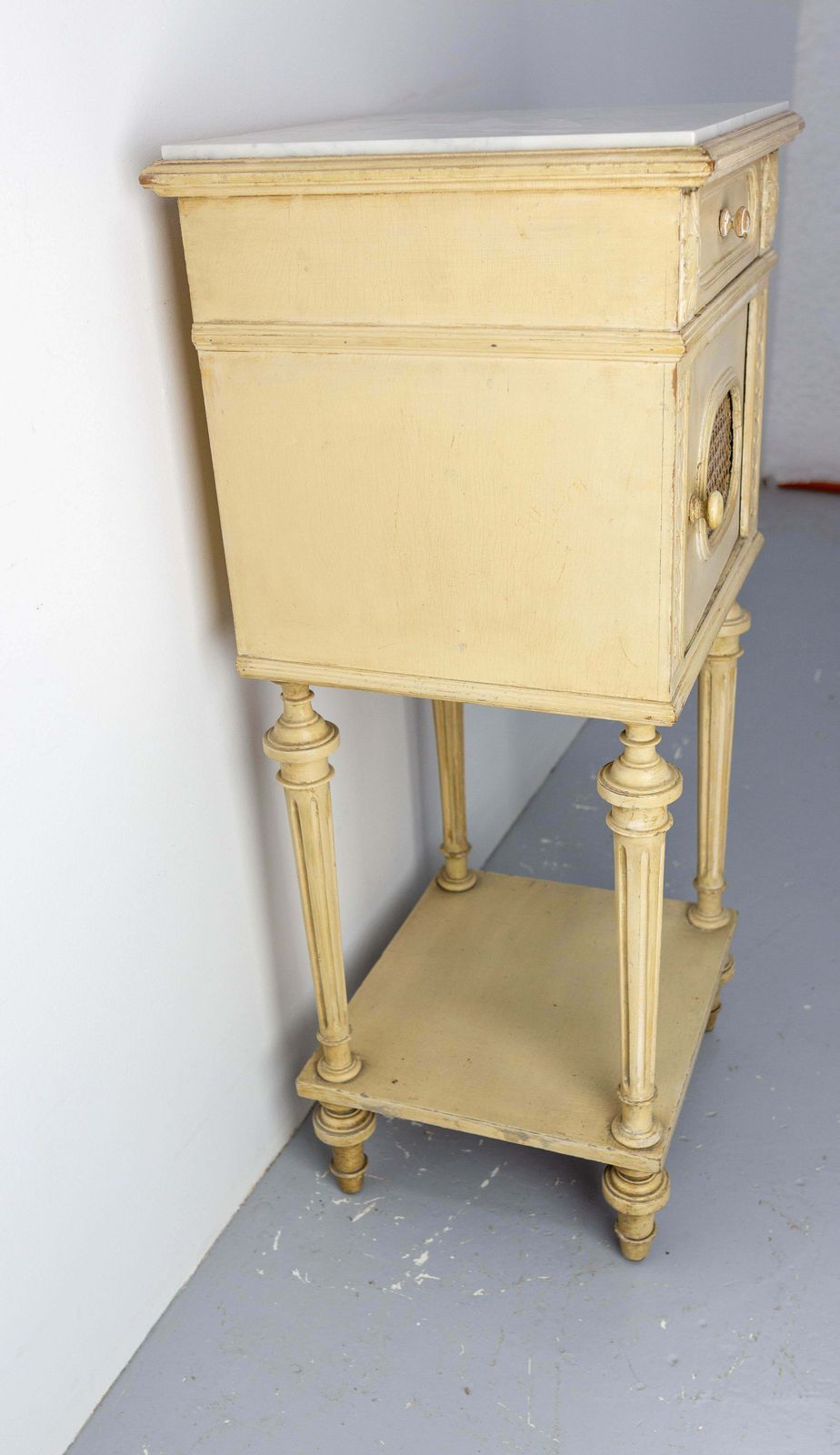 French Bedside Table Patinated Wood, Marble Top & Cane Door Louis XVI St, C 1900 photo for sale