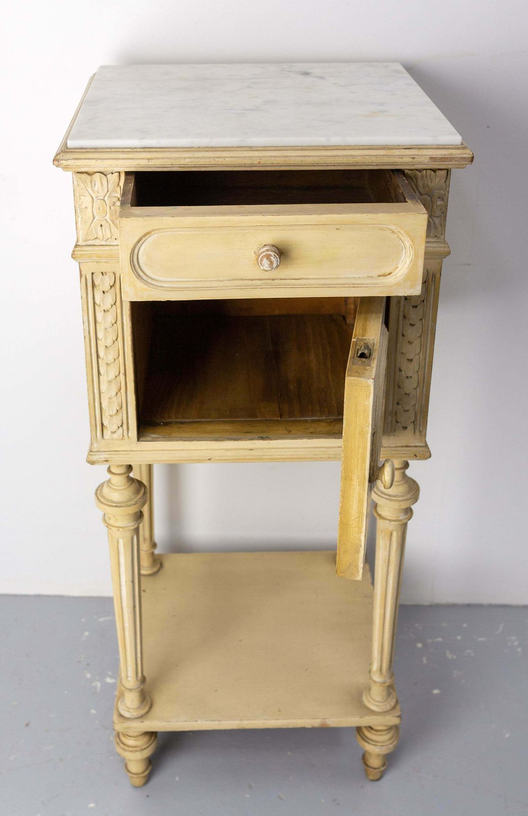 French Bedside Table Patinated Wood, Marble Top & Cane Door Louis XVI St, C 1900 photo buy