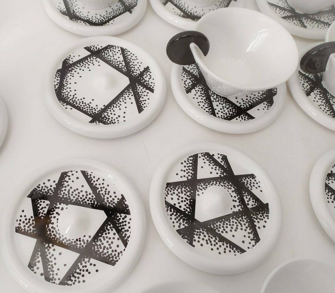 Service Set In Ceramic Tea And Coffee Mas Italy 6+6 Black And White Memphis Era Style Design Castaldi Mattresses Pop Art photo for sale