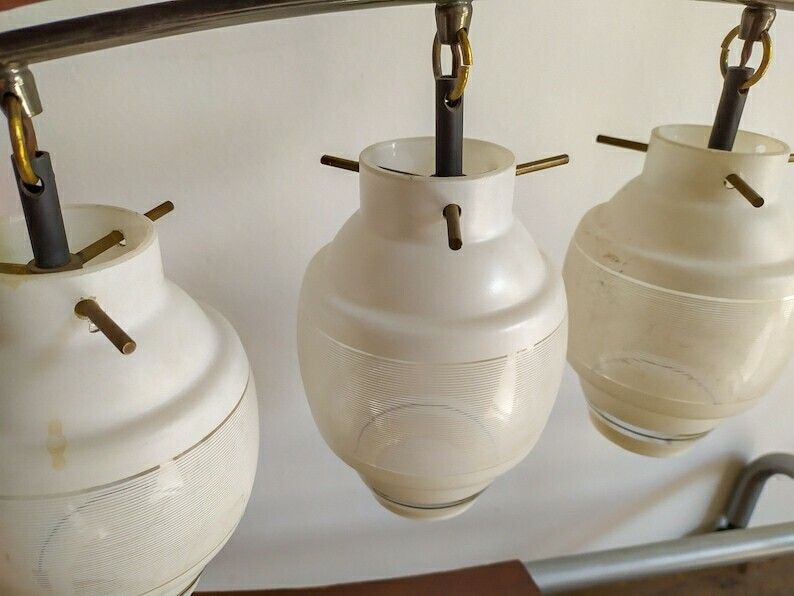 Midcentury Design Ceiling Light Italian Teak Vintage Lamp 3 Lights Glass White Reggiani Stilnovo Was photo vinterior