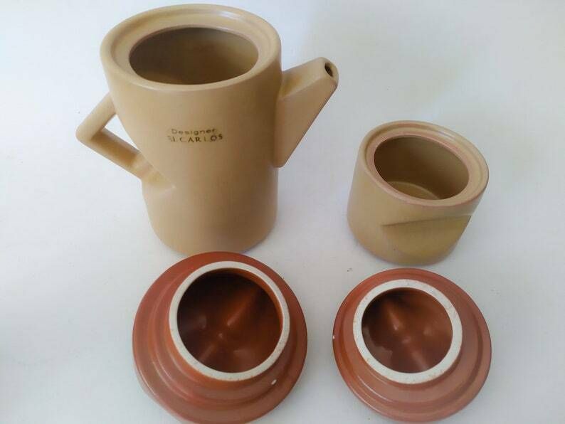 Coffee Service Post Modern Design El Carlos Luxury Ceramic Italy 70s Beige Brown Cups 4 People photo for sale