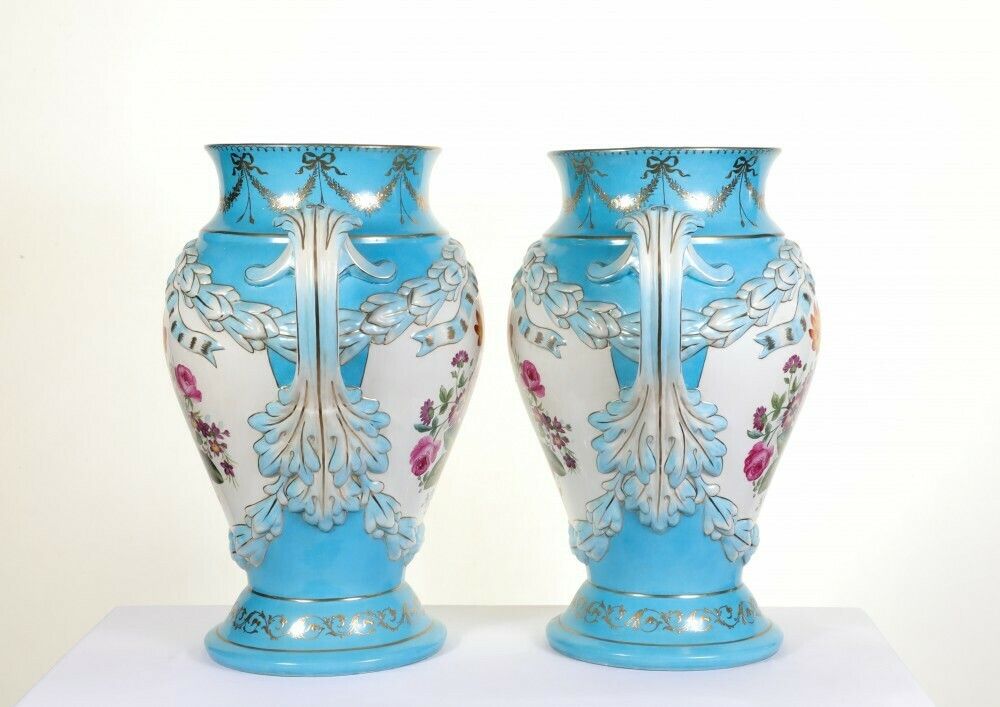photo for sale Pair Sevres Porcelain Vases Floral Urns French