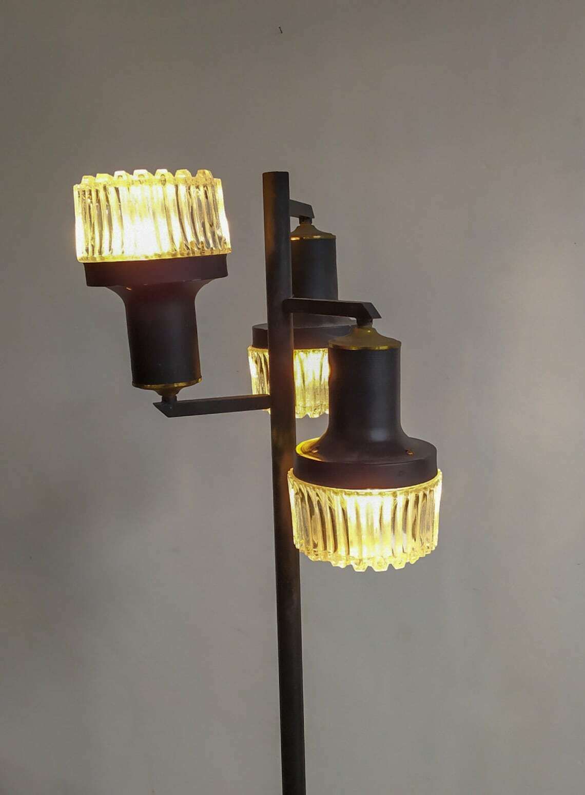 Vintage Floor Lamp Midcentury Modern Design Staff Stilux Black Floor Lamp 3 Glass Lights 50s 60s Planter photo Lighting