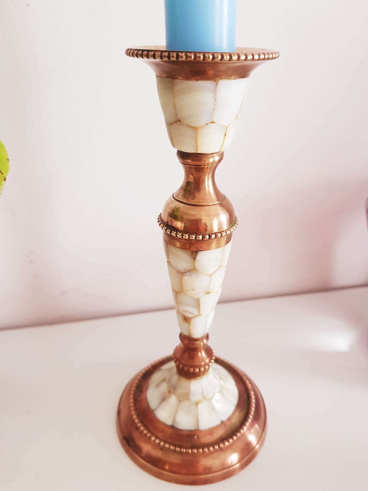 Rare, Single Candle Holder In Mother Of Pearl And Vintage Brass