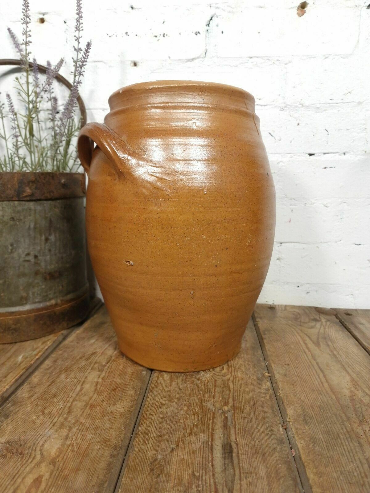 Large Antique French Stoneware Glazed Confit Pot With Lid photo Home Decor