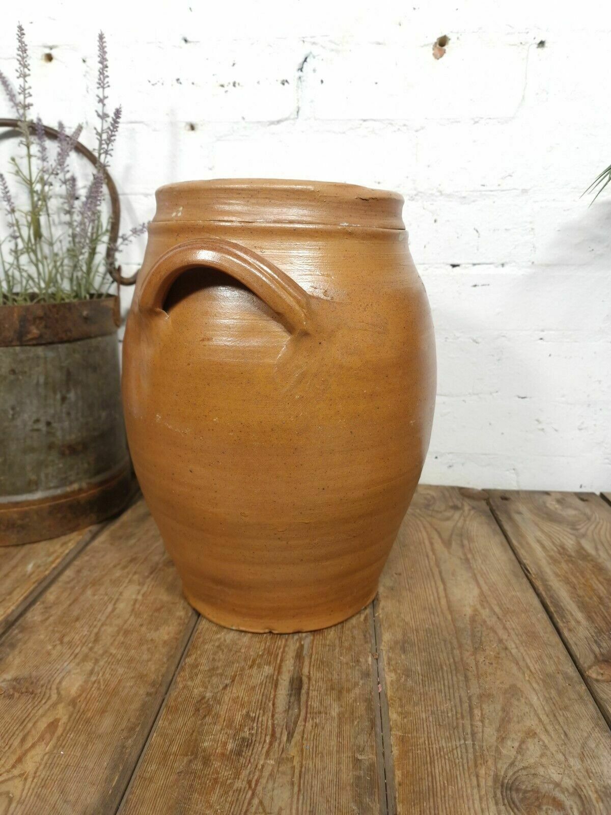 Large Antique French Stoneware Glazed Confit Pot With Lid photo vintage