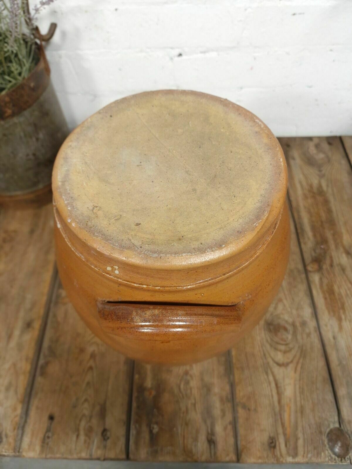photo furniture Large Antique French Stoneware Glazed Confit Pot With Lid