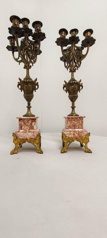 Gilt Metal And Marble Candle Holders France 1940s Set Of 2 photo buy