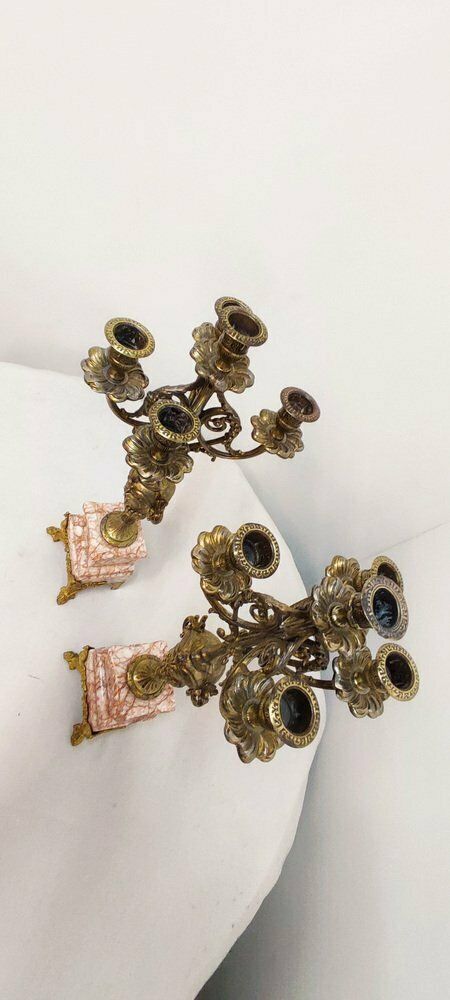 photo for sale Gilt Metal And Marble Candle Holders France 1940s Set Of 2
