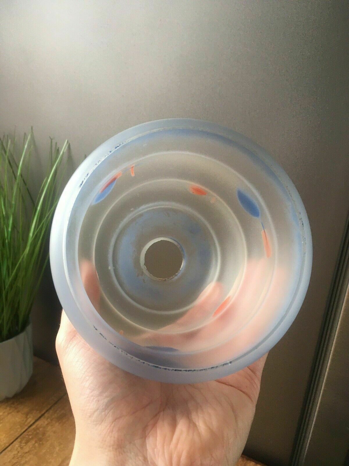 Art Deco 1930s Blue Red Frosted Geometric Beehive Glass Lamp Light Shade Vintage photo vintage