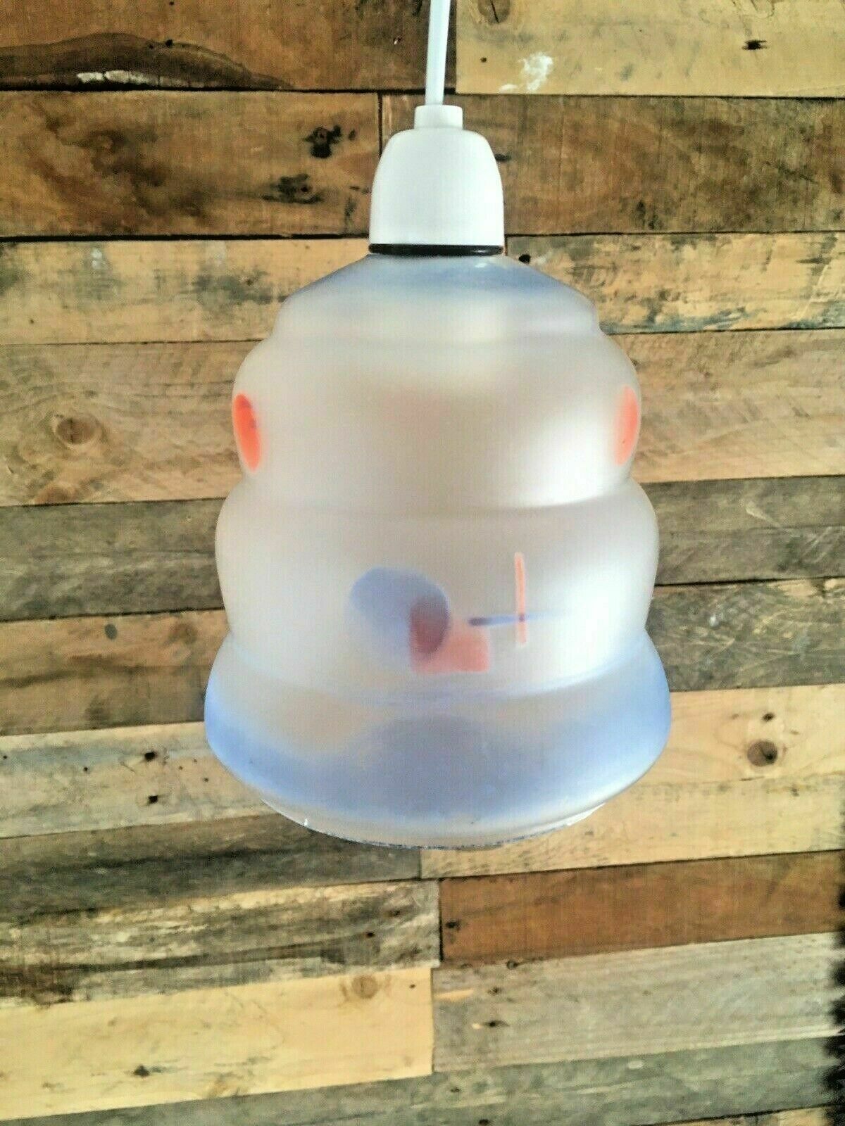 Lighting Art Deco 1930s Blue Red Frosted Geometric Beehive Glass Lamp Light Shade Vintage photo